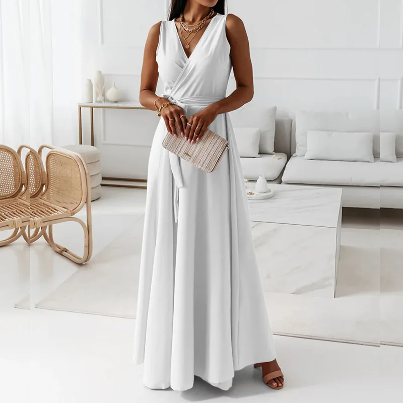 

Элегантное Длинное Платье с запахом без рукавов с глубоким V-образным вырезом, женское модное платье с завязкой на талии, Летние повседневные плиссированные однотонные пляжные платья