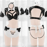 wholesale maid anime sexy transparent ruffle lingerie set black white cheongsam cosplay uniform hollow out apparel lingerie set