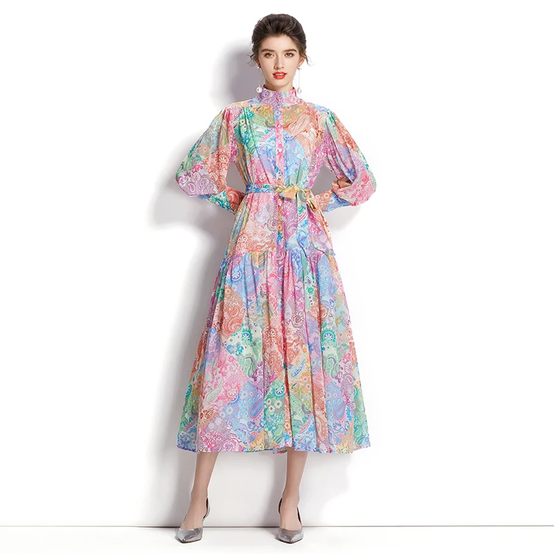 

SuperAen Original Design Fall 2022 Standing Collar Full Wave Edge Printing A-LINE Mid-Calf Casual Dresses for Women