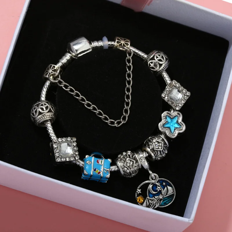 

Blue Pentagram Bracelet Fit Pandora DIY S925 Silver Chain Beads Original Jewelry Handmade Accessories Wholesale