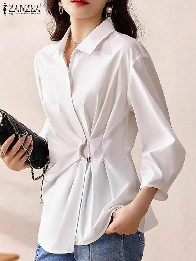 

ZANZEA White OL Shirts Fashion Lapel Collar Blouse Women Asymmetrical Vintage Pleating Waisted Tops Tunics Korean Casual Blusas