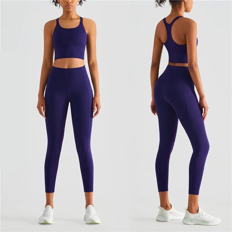 Solid Color Women Gym Fitness Yoga Set Solid Color Adjustable Shoulder Straps Top Leggings 2pc Suit Soft Comprehensive Training