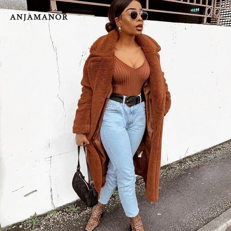 

Женский Длинный тренчкот anjahome, зимняя одежда, высококачественный плотный меховой кардиган из овечьей шерсти, верблюжья флисовая куртка ове...