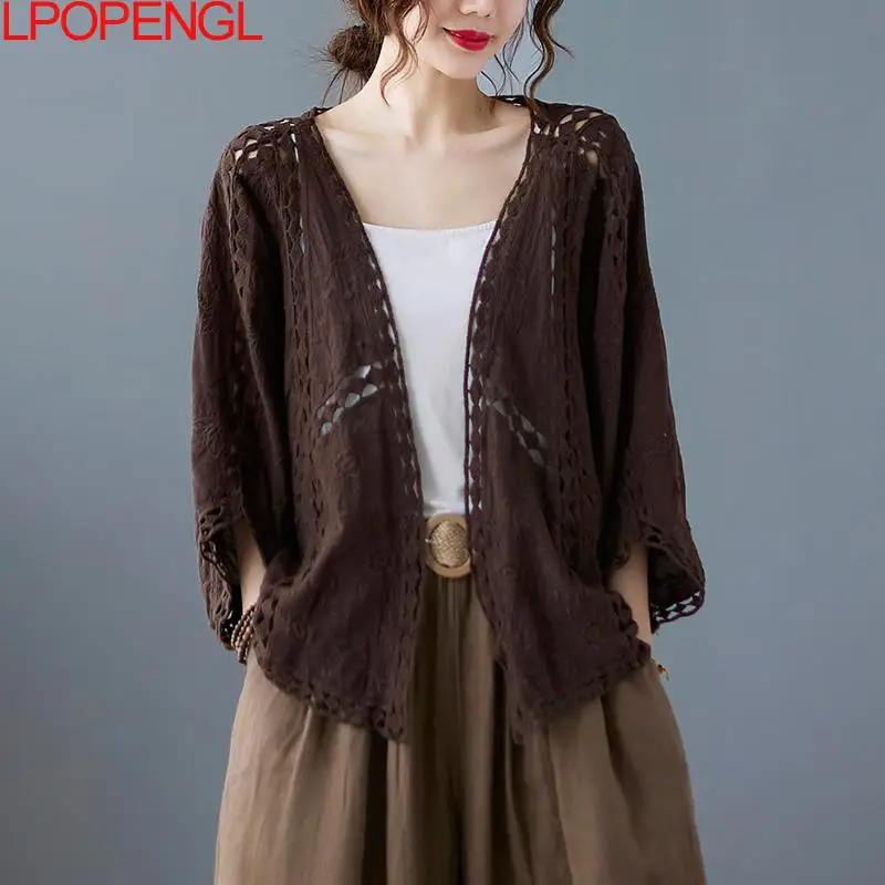 Женский винтажный вязаный кардиган с вырезами Солнцезащитная куртка женская