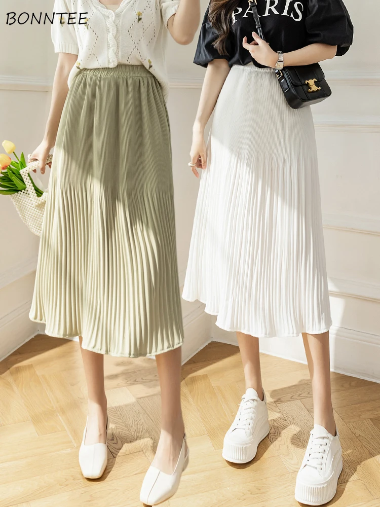 

Skirts Women Summer High Elasticity Folds Solid Simple Vacation Cozy Retro Young Casual Korean Style Юбка Женская All-match Chic