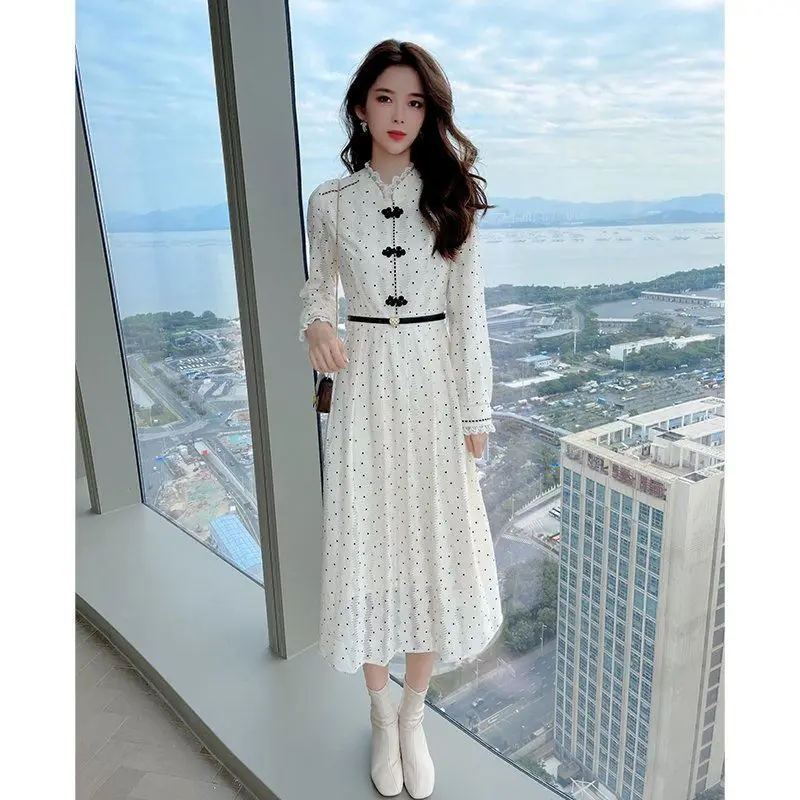 

Women Spring Print Polka Dot High Waist Long Dresses Female Vintage Long Sleeve Dress Vestidos Sundress Robe Longue Femme E137
