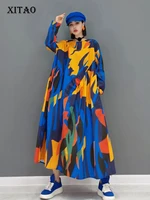 xitao new large sizer dress contrast color print fashion loose simplicity o neck collar irregular fold splicing big hem wmd2018