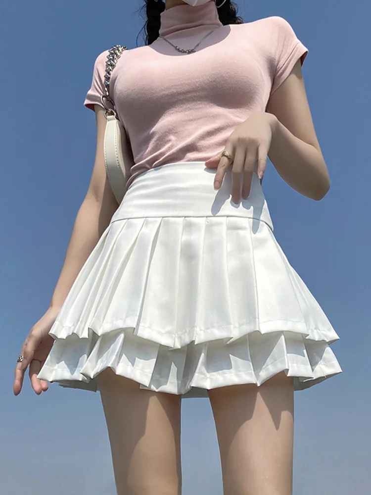 

Style Sweet Girly Sweet And High Waist Double Layer Pleated Mini A-line Skirt Solid Color Slim Fashion Women's Clothing HOL3