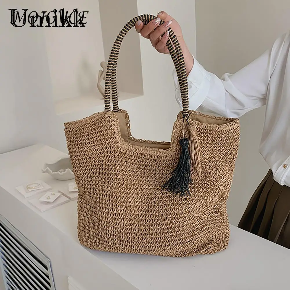 

Female Large Capacity Straw Bag Woven Portable Shoulder Bag Handmade Tote Handbag Ladies Tassel Braided Beach Holiday Travel Bag
