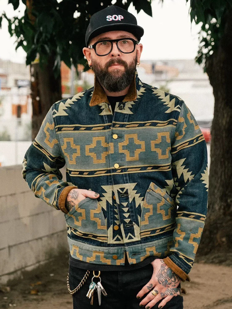 RRL 30th Anniversary Western Style Jacquard Heavy Washed Denim Jacket American Retro Coat Corduroy Collar