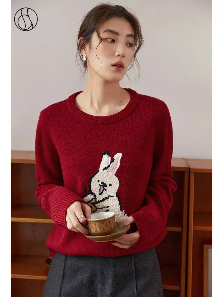 DUSHU Original Bunny Embroidered Sweater For Women Autumn Winter Niche Design New Year Red Top Vintage Pullover for Women