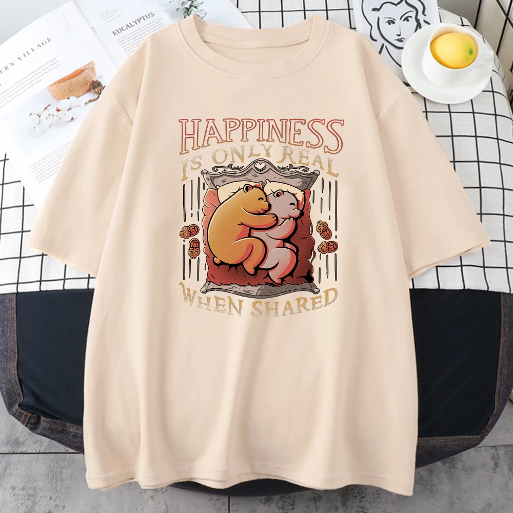 

Females T-Shirt Bear Couple On Sleeping Print Top Womans Round Neck Loose Oversize Shirts Harajuku Kawaii Animal Womens T-Shirts