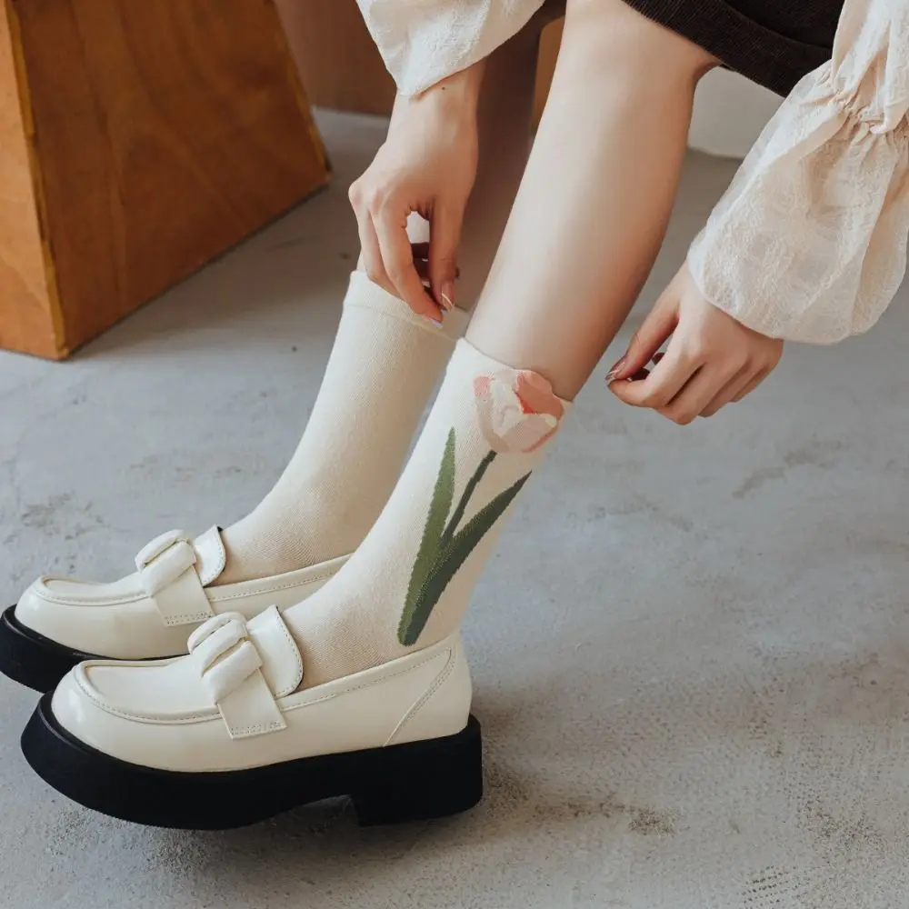 

Женские носки-тюльпаны, модные повседневные хлопковые носки с цветочным принтом, милые Дышащие Короткие носки с рюшами для девочек