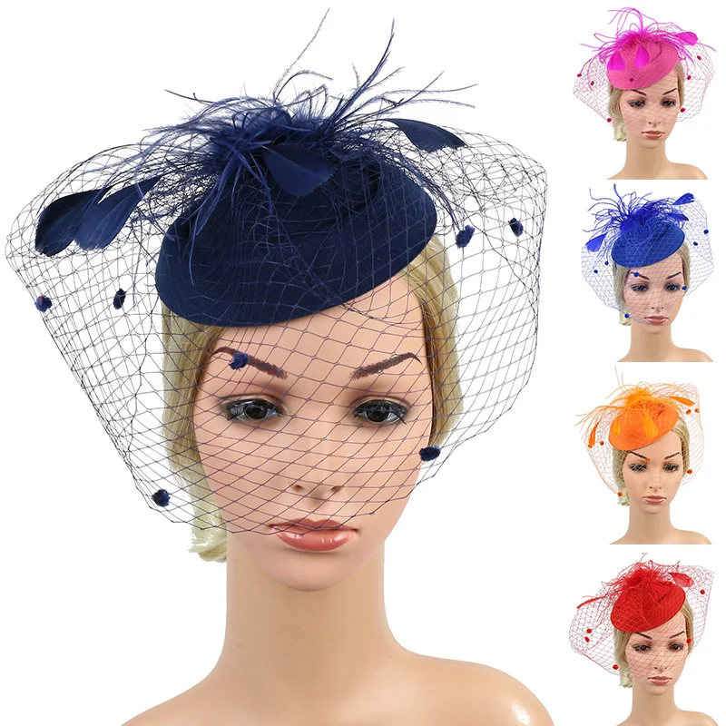 

Women Mesh Veil Feather Hair Hoop Vintage Feather Floral Fascinator Hat Fedoras Headband Wedding Bridal Dress Hair Accessories