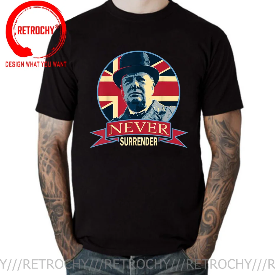 

Vintage UK History And Politics Poster Winston Churchill Never Surrender British Flag Propaganda T-Shirt Summer T Shirts for Men