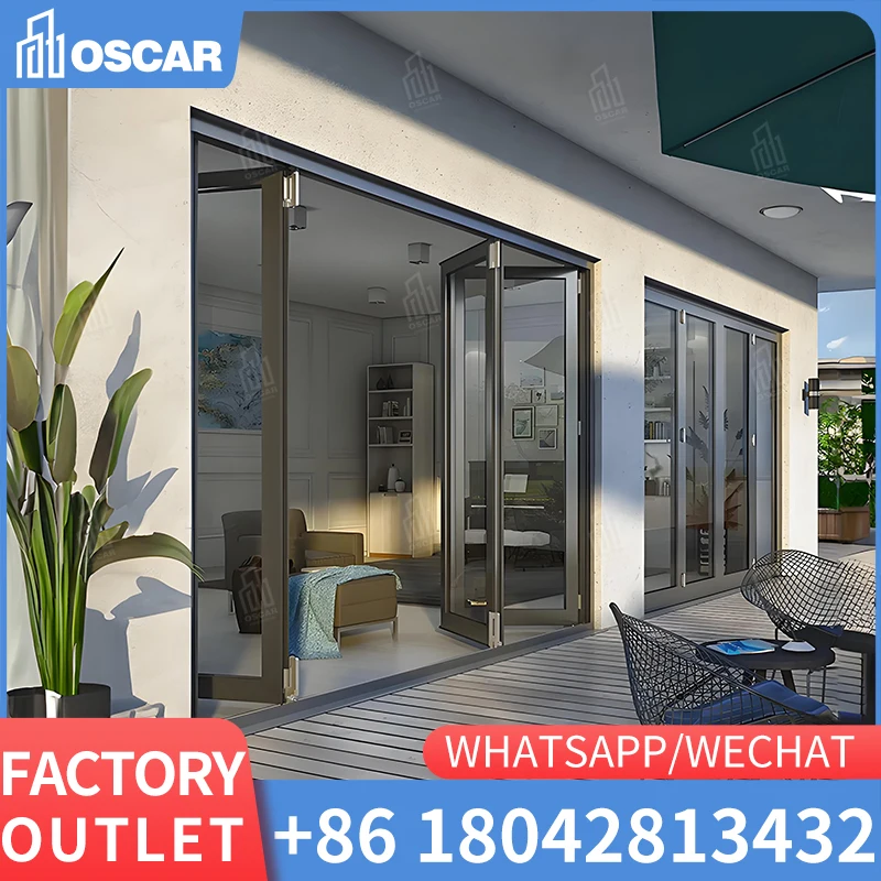 Lampow Thermal Break Алюминиевая складная стеклянная дверь Открытый аккордеон Кованое