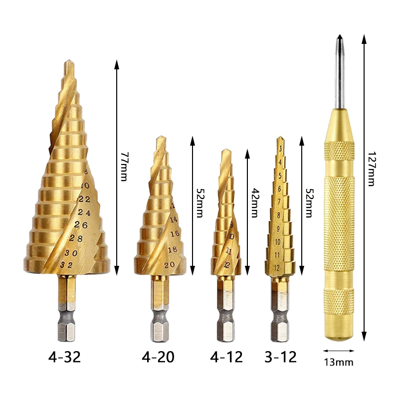 3PCS HSS Straight Groove Step Drill Bit 3-12mm 4-12mm 4-20mm 4-32mm Titanium Coated Wood Metal Hole Cutter Core Tools Set |