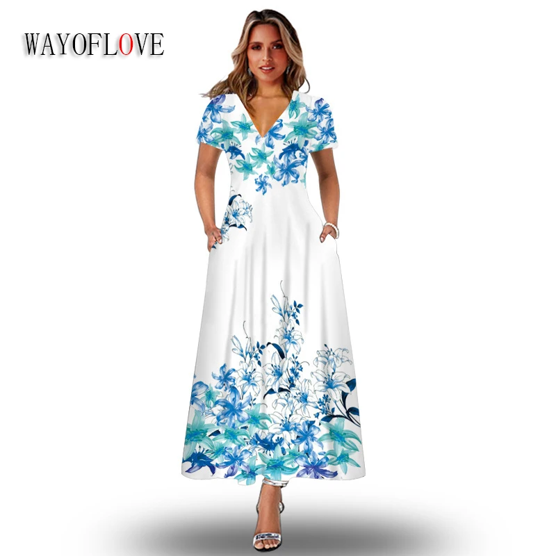 

WAYOFLOVE Spring Summer Flowers Print Woman Long Dress Vintage Casual Beach Holiday Short Sleeve Vestidos V Neck Elegant Dresses