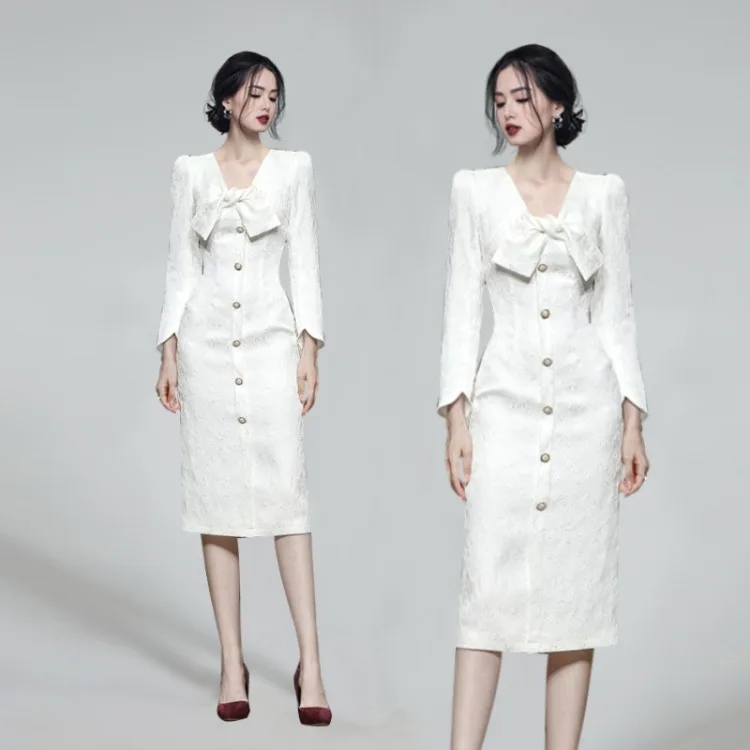 

2022 spring new OL professional temperament jacquard single-breasted slim slimming hip dress office dress up white dress
