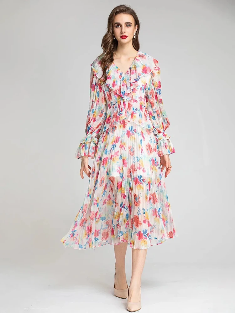 

Svoryxiu Fashion Spring Runway Party Midi Dress Women's Elegance Flare Sleeve Flower Print Lace Flounced edge Slim Chic Dresses