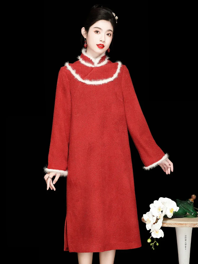 Chinese Red Robe New Year Winter Dress Party Girls Qipao