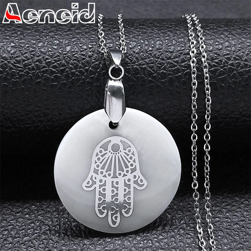 

Hamsa Hand Natural Shell Necklace for Women Men Stainless Steel Silver Color Necklaces Jewelry cadena hombre acero inoxidable