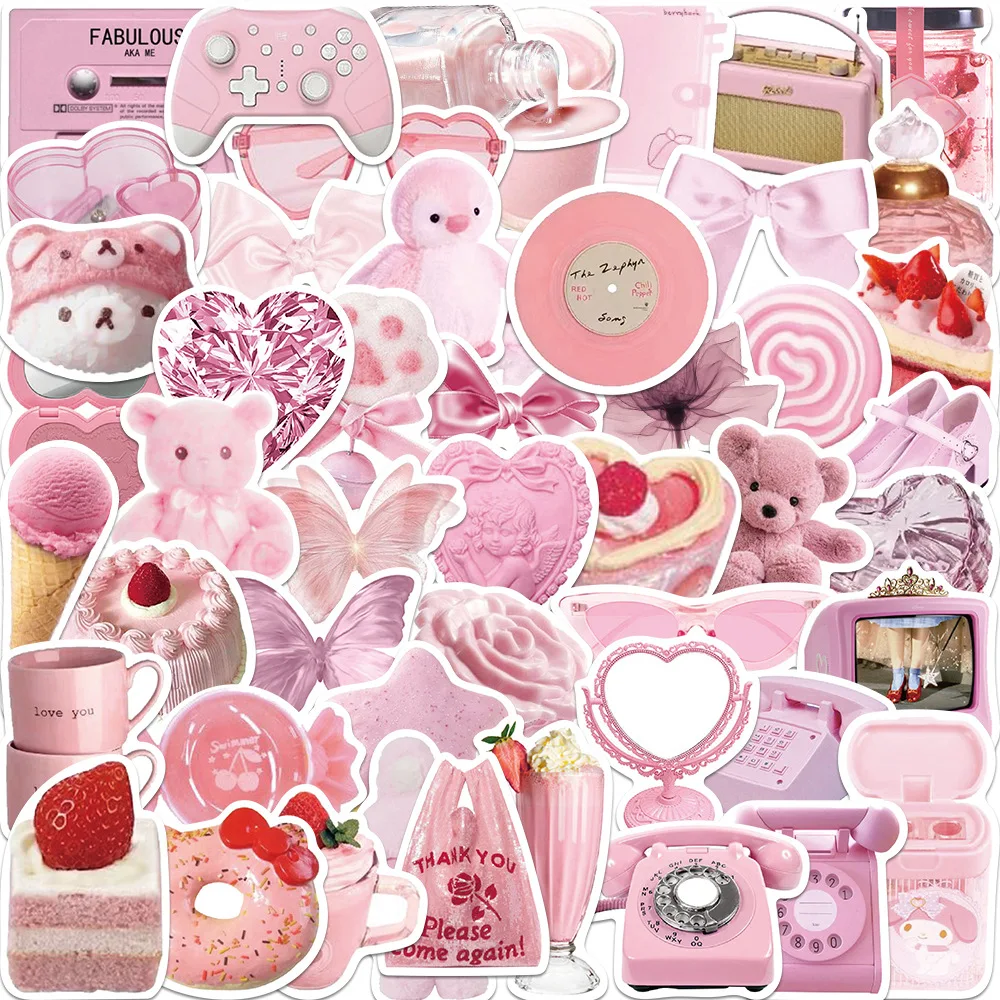

50pcs Cute Pink Kids Sticker Aesthetic waterproof INS Style Kawaii Bear Decals For Girls DIY Stationery Phone Laptop Luggage Car