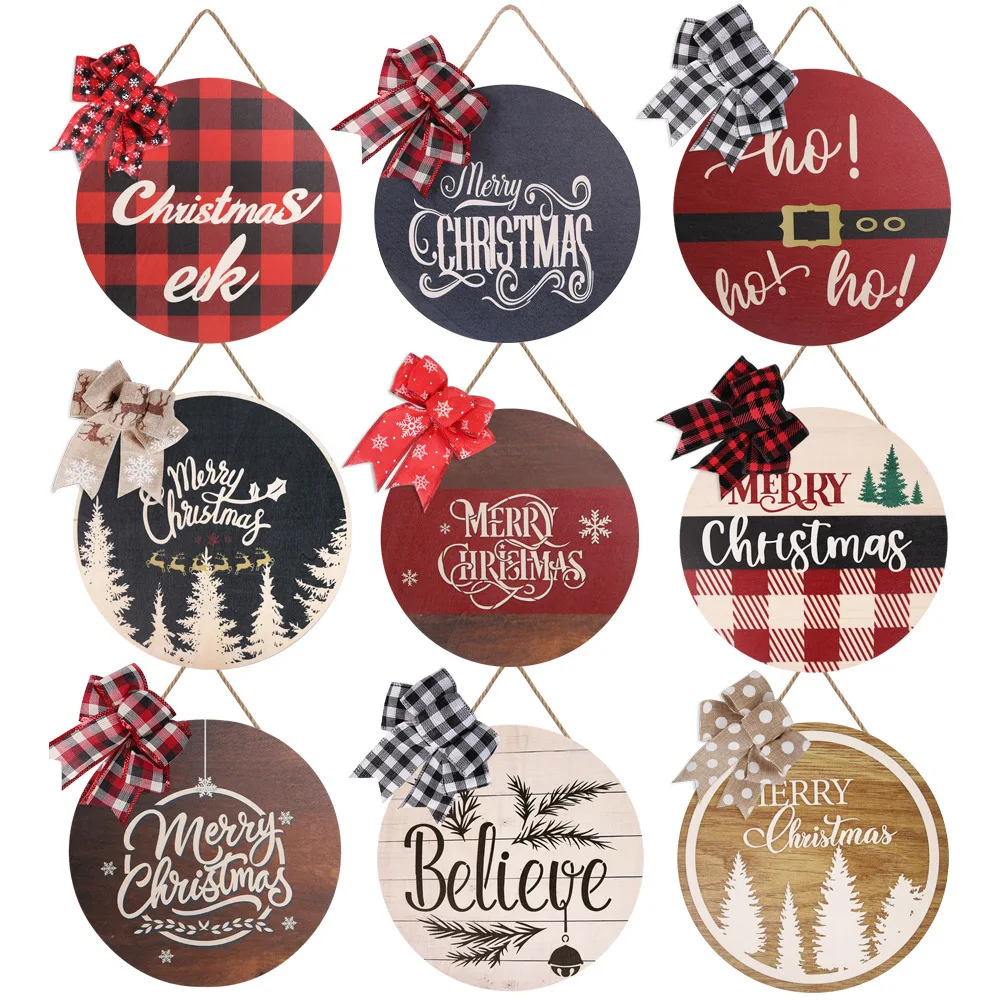 

28cm Diameter Merry Christmas Hanging Ornaments Bows Round Wooden Christmas Decorations for Home Party Door Wall Decor