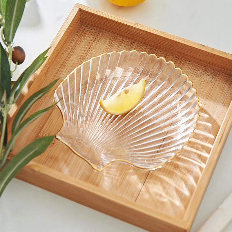

Creative Golden Trim Ocean Glass Plate Nordic Household Shell Salad Bowl Breakfast Plate Fruit Dessert Plate