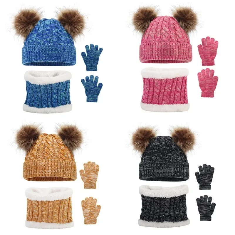 

Kids Winter Hat and Scarf Gloves Set Boys Girls Knitted Beanie with Double Pom-Pom Knit Gloves Neck Warmer 3 Piece Suit Scarf