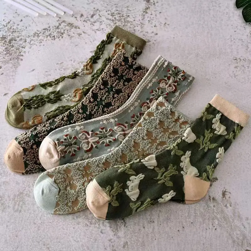 

1/5 Pairs Women Socks Set New Retro Country Style Green Autumn Floret Soft Skin-friendly Breathable Korean Fashion Socks