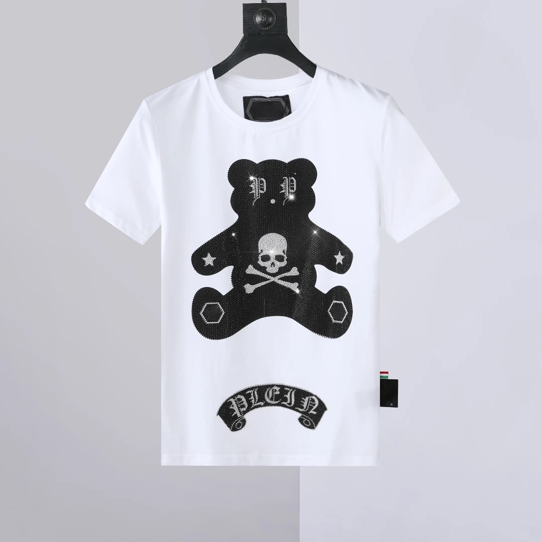 

summer new short sleeved men's clothing pure cotton bear skull creative diamond inlaid top T-shirt fashion trend hip hop plein