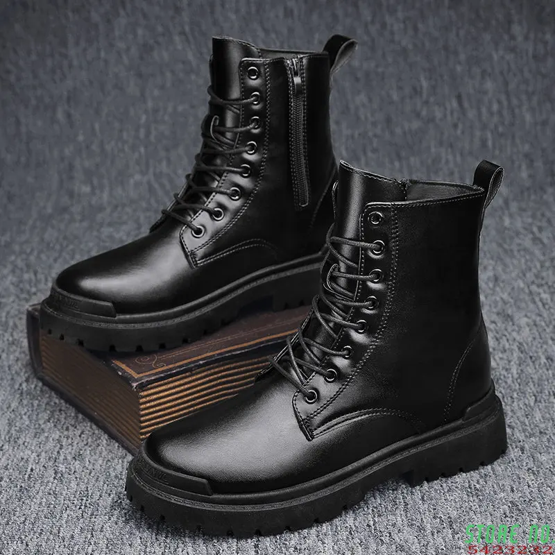 

Trend Men Boots Black Sneakers Outdoor Fashion High Top Wholesale Punk Shoes For Men Casual Leather Street Style Ankle Boots Men