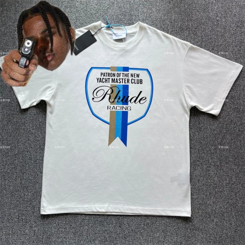 

Flag Logo Print Rhude T Shirt Vintage Short Sleeve Best Quality Apricot T-shirt Men Women Top Tees