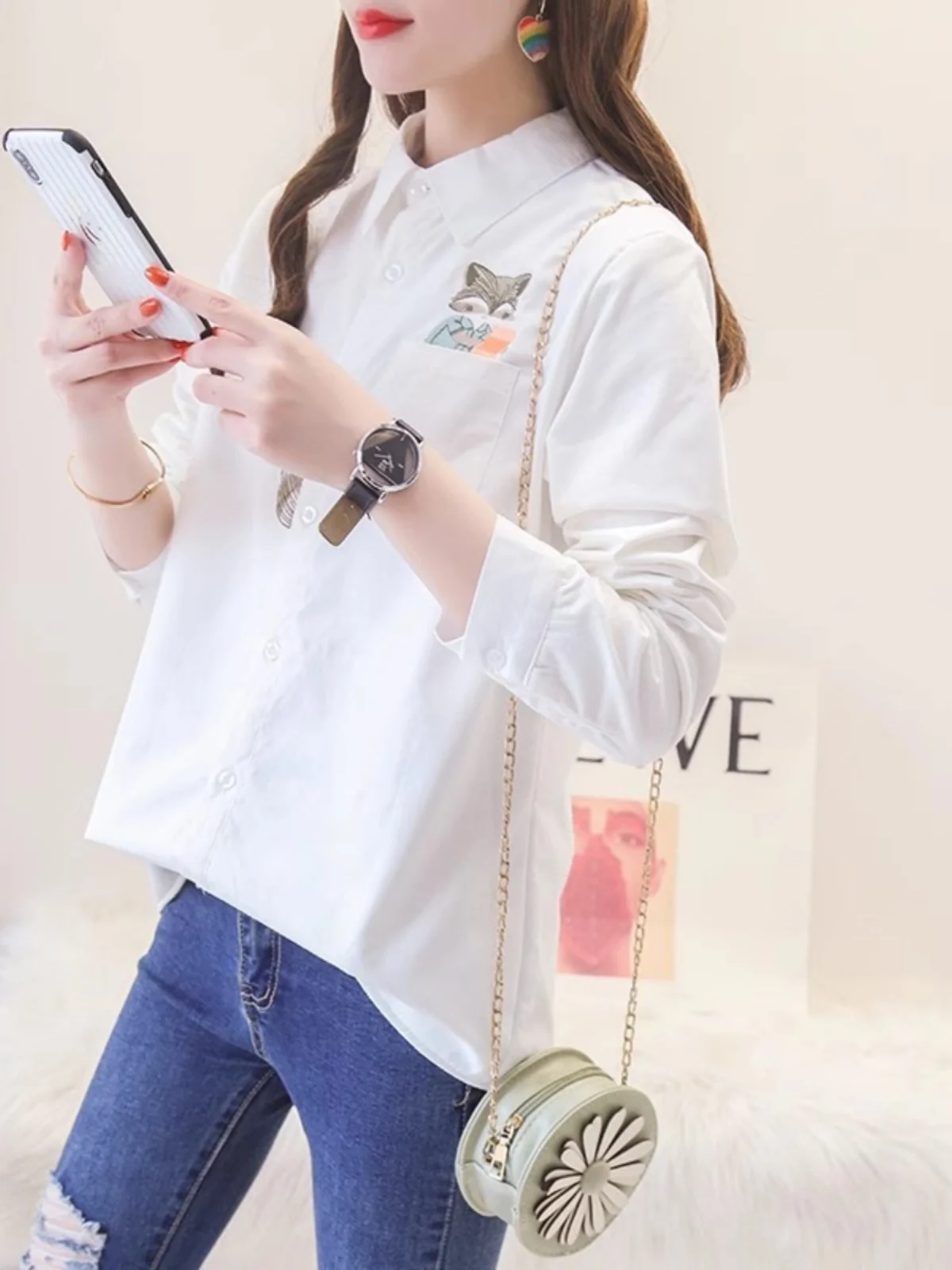 White Long sleeve Shirts Outerwear Women 2024 Early Autumn New Fashion Print Fleece-lined Thickened Polo Collar Casual Shirt