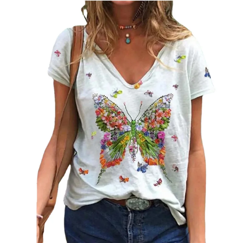 

3XL Summer Butterfly Women Cotton T Shirt Short Sleeve V-Neck Fashion Female Street Casual Loose Oversize Ladies Tops Plus Size