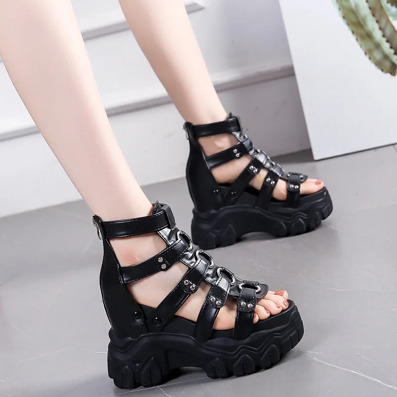 

Women Thick Bottom Gladiator Shoes Woman Chunky Sneakers High Platform Sandals Hollow Out 11CM Wedge Heels Beach Sandalias