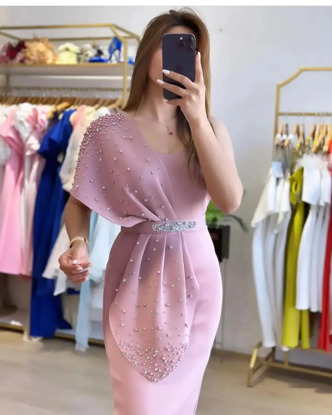 

Pink Stretch Satin Long Formal Evening Dress Strapless Long Sleeves Formal Prom Gowns Night Club Party Dress Vestidos