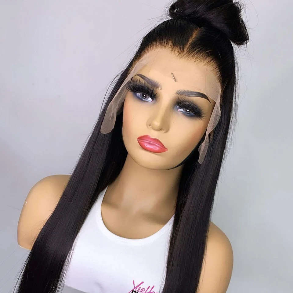 

Preplucked мягкий 180% Плотность 26 дюймов натуральный черный шелковистый прямой длинный естественный шиньон бесклеевой кружевной передний парик для женщин Babyhair