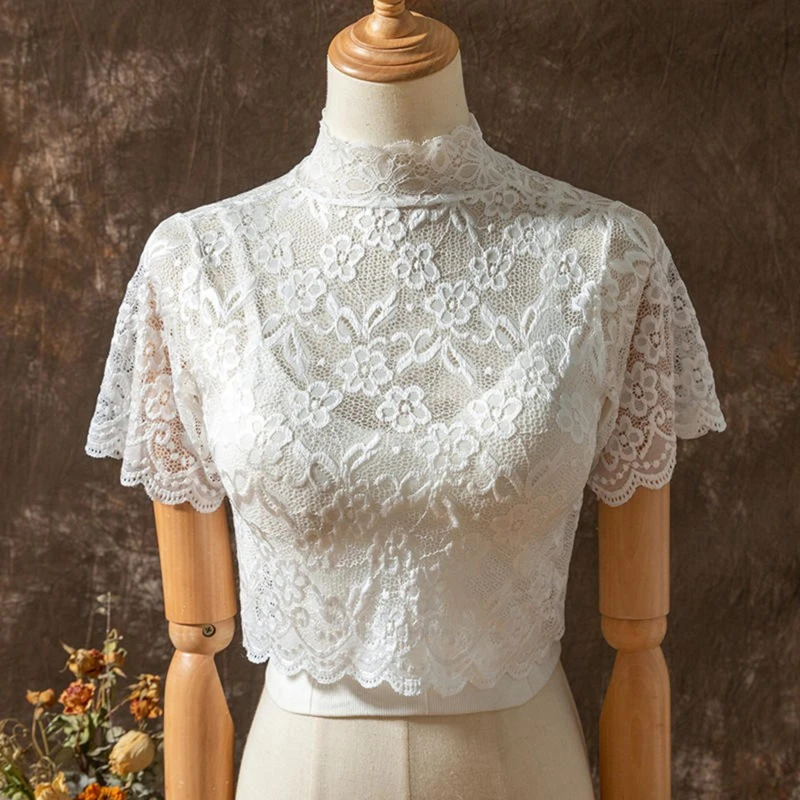 

Woman Bottoming Shirt Half-High Collar Floral Lace Gauze Wave Edge Hollow-Out Short Sleeve Turtleneck Fake Collar Short Tops