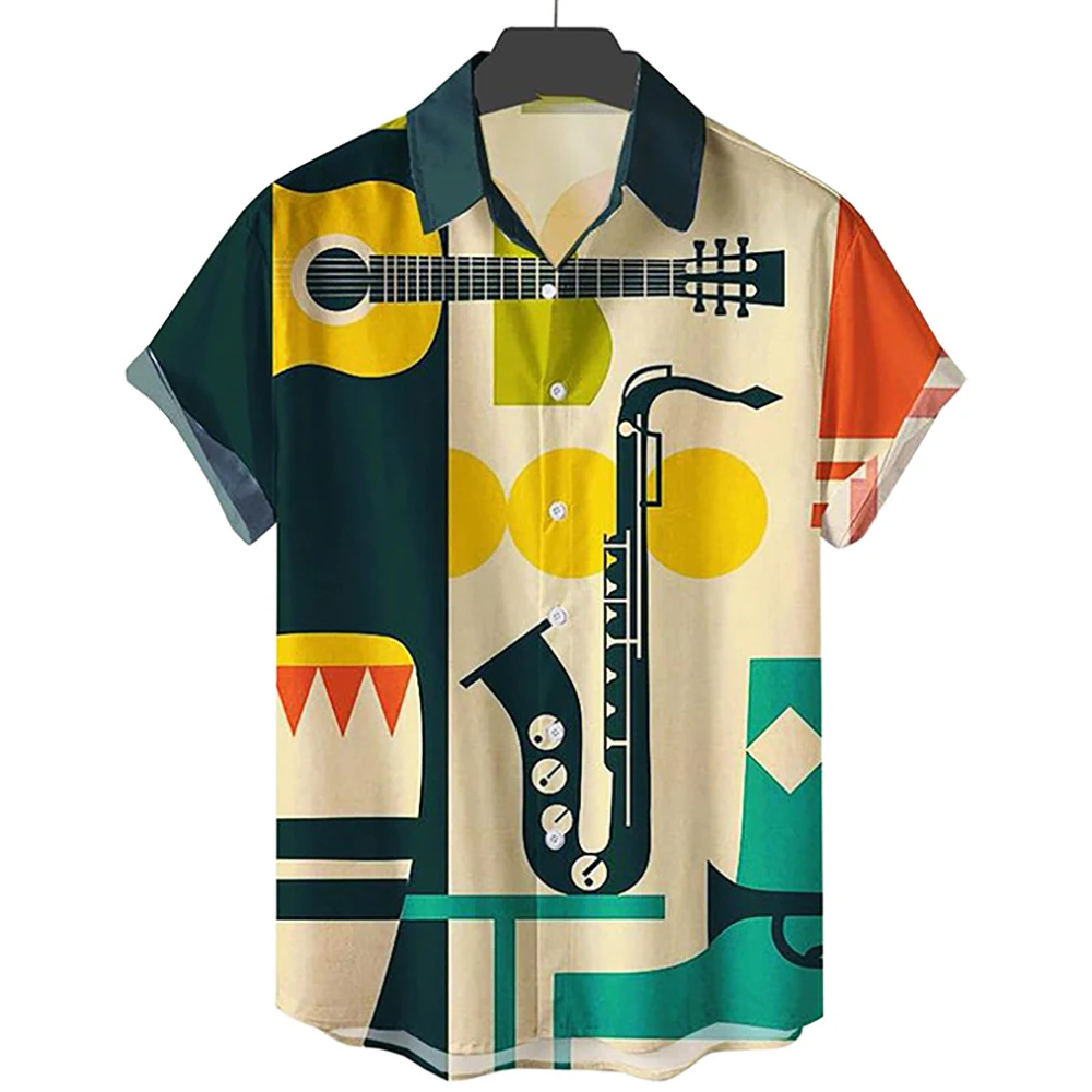 2022 Hawaiian Men's Shirts Casual Musical Instrument Print Single Buckle Summer Beach Shirts Short Sleeve Beach Jackets