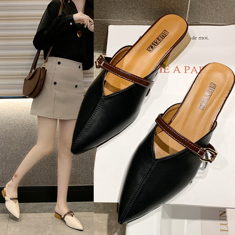 

Loafers Pointed Toe Female Shoes Square heel Womens Slippers Outdoor Med Mules Sexy Luxury Slides 2022 Block Cover Designer Hoof