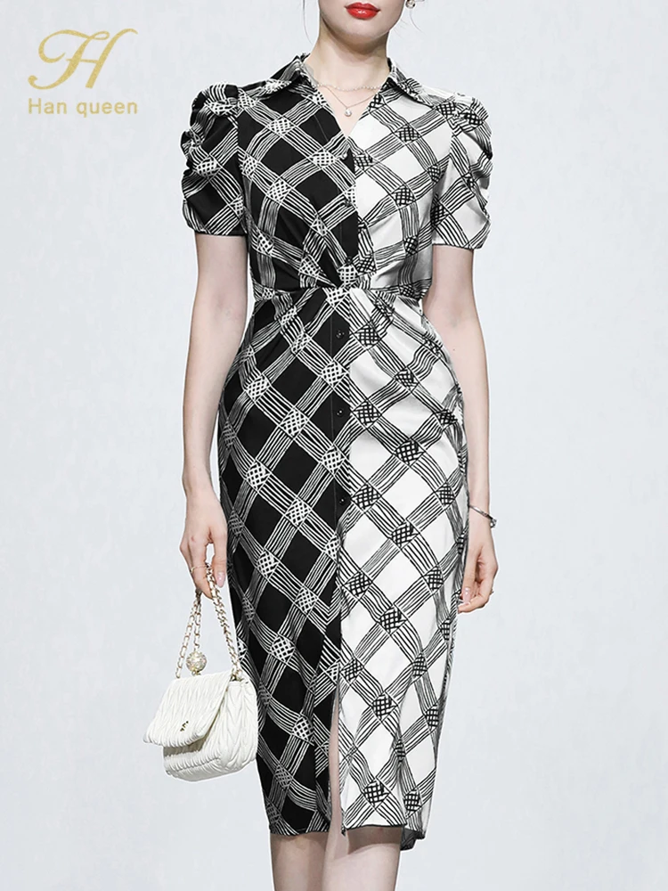 

H Han Queen 2022 Summer Dresses Colorblock Plaid Slim Office Elegant Simple Series Dress Puff Sleeve Casual High Waist Vestidos