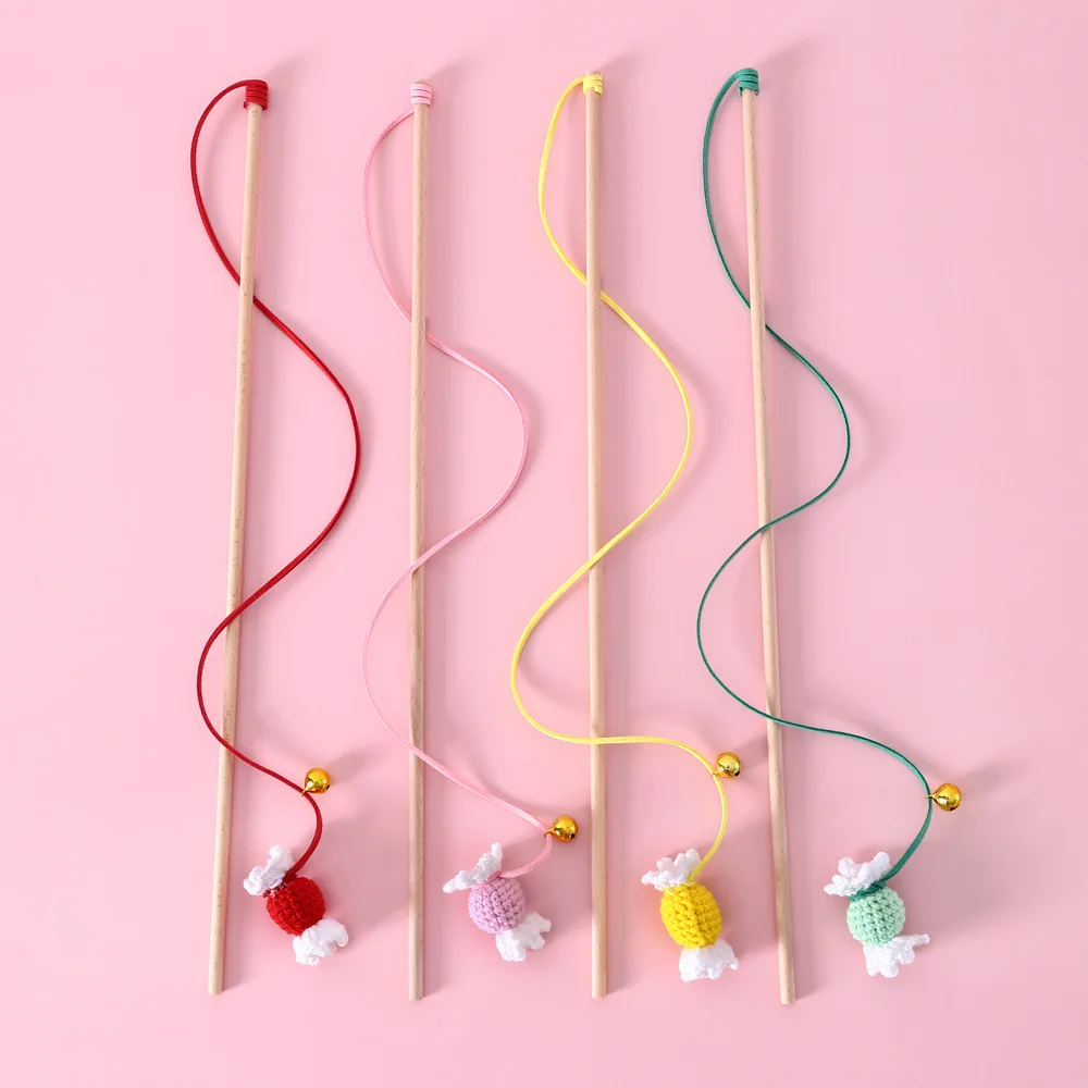 

Interactive Cat Funny Stick Dog Toy Wool Knitting Color Candy Wooden Stick Sound Interactive Training Bell Toy Supplies for Pet