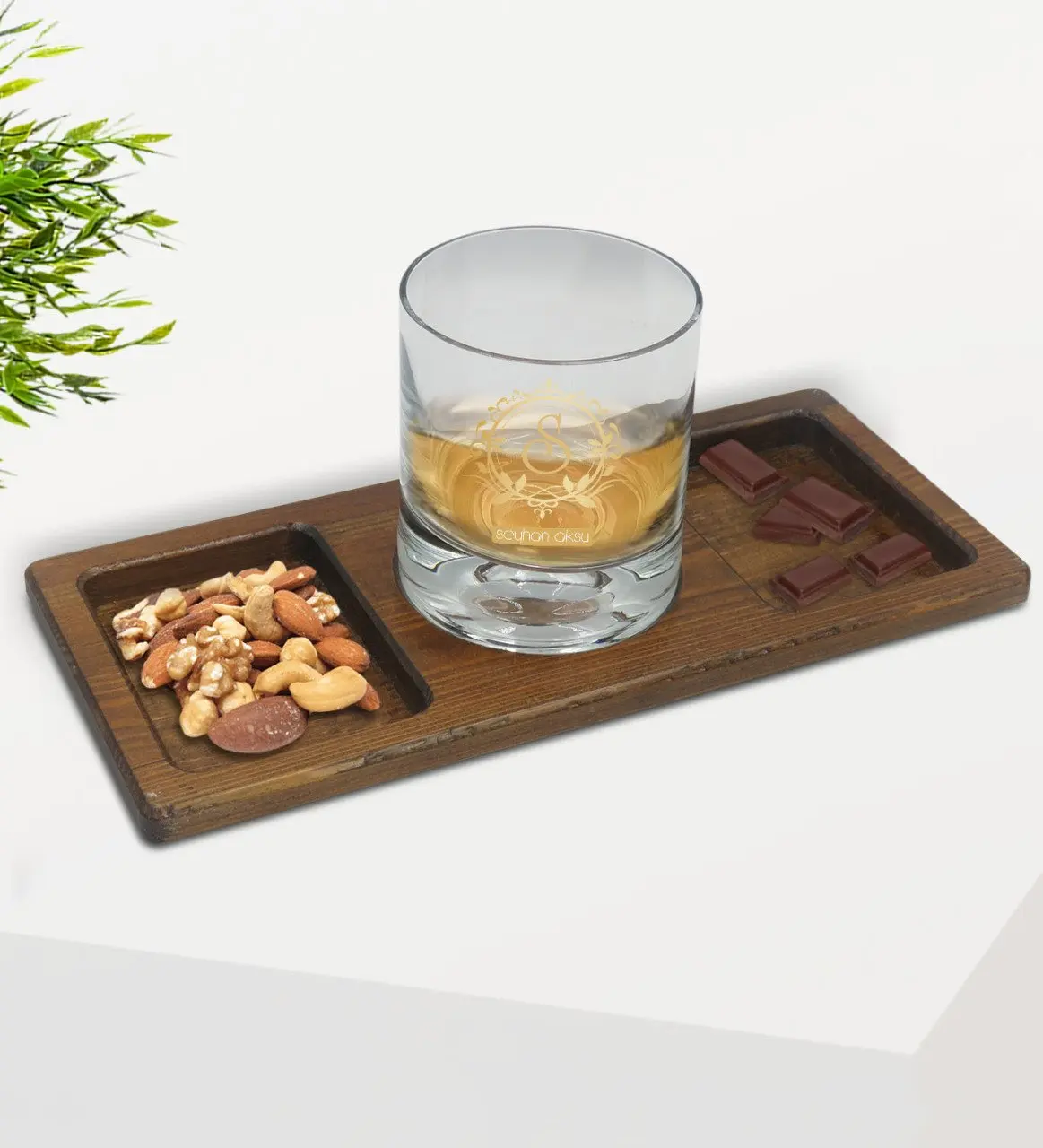 

Personalized İsimli Whisky Cup and Natural Solid Wood Rectangle Presentation Tabağı Confectionary Gift Seti-16