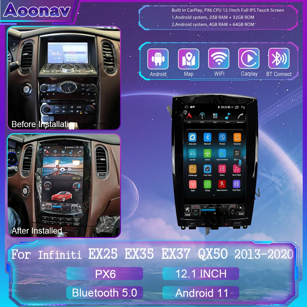 

GPS-навигатор в стиле Tesla на Android для Infiniti QX50 EX25 EX37 EX35 2008-2015, автомагнитола с вертикальным экраном, мультимедийный плеер