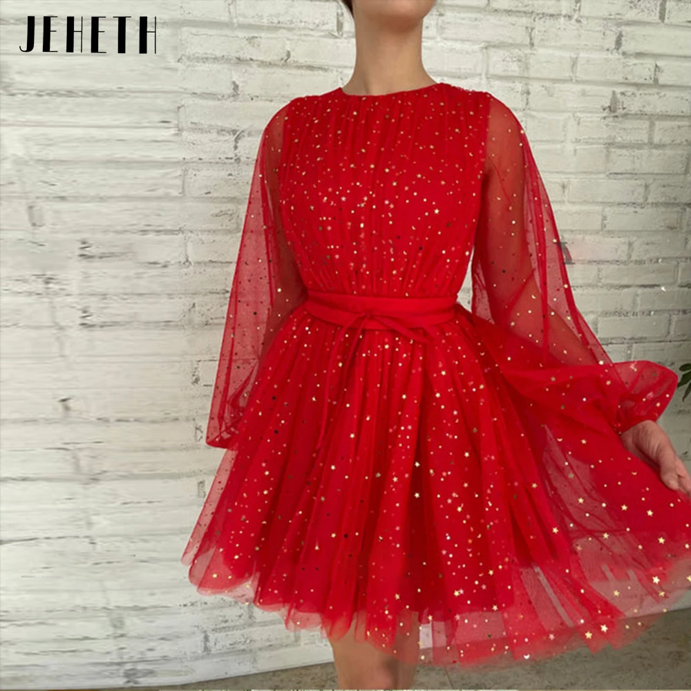 

JEHETH Red Puff Sleeves Starry Tulle Prom Dress Mini O-Neck A Line Evening Homecoming Party Gown Knee Length Robes De Soirée