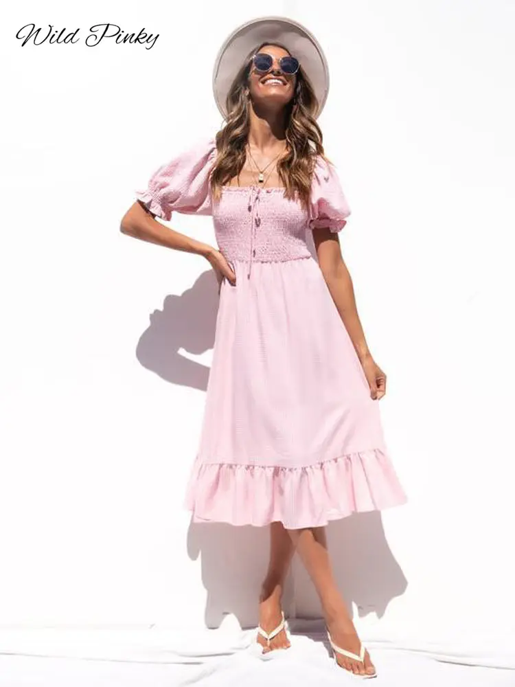 

WildPinky Sexy Long Summer Women Dress Plaid Bow Beach Dress Slash Neck Female Puff Sleeve Ladies Ruffles Party Dress Vestidos