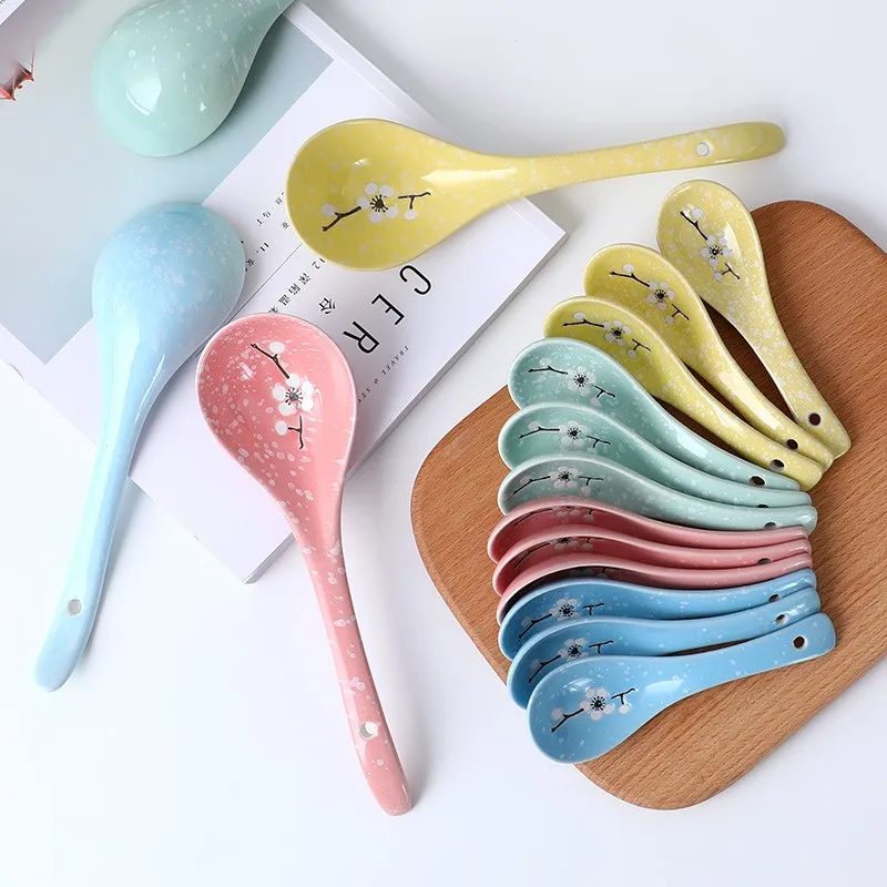 

1PC Ceramic Spoon Cherry Blossom Pattern Beautiful Soup Spoon Cookware Tool Japanese Cuisine Rice Soup Kitchenware Damage Claim