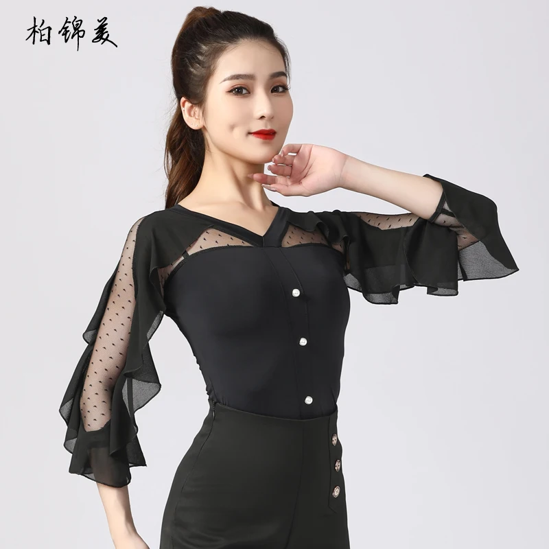 Одежда для латиноамериканских танцев рубашка взрослых с оборками рукава три